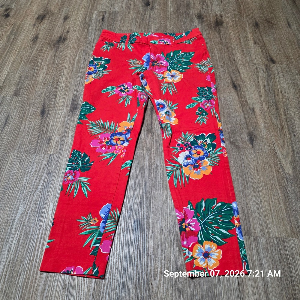 Old Navy Pixie Ankle Pants Red Tropical Floral Mid Rise Stretch Chino Size 8 Reg
